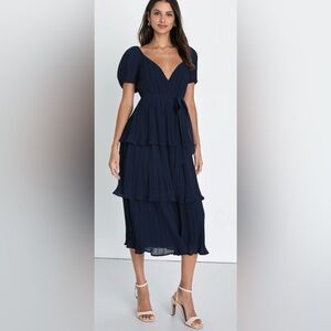 Decadent Dreams Navy Blue Plisse Tiered Puff Sleeve Midi Dress - Size L - NWOT